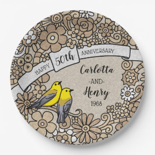 Prato De Papel 50th aniversário personalizado, pássaros florais