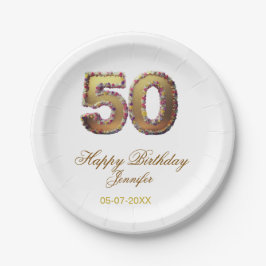 Prato De Papel 50th birthday add name date year gold floral bold 