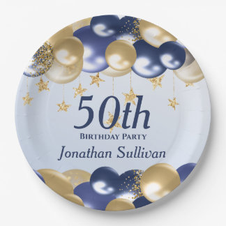 Prato De Papel 50th Birthday Navy Gold Balloons Party