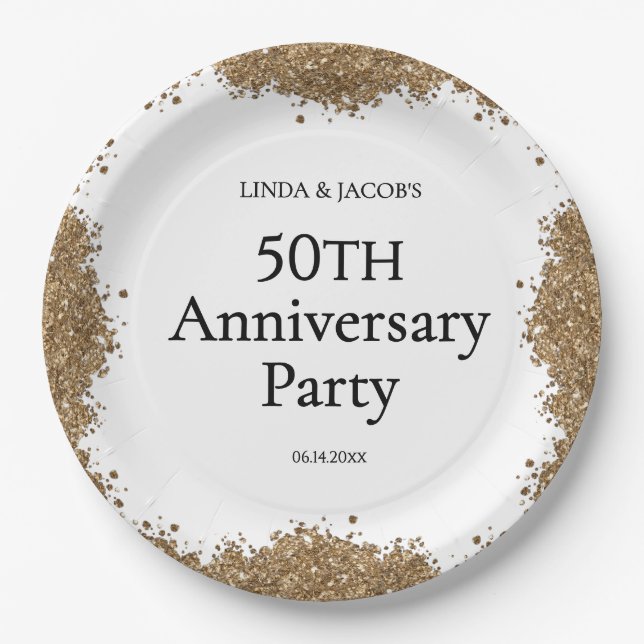 Prato De Papel 50th Wedding Anniversary Gold Faux Glitter  (Frente)