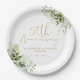 Prato De Papel 50th Wedding Anniversary Greenery Gold Script