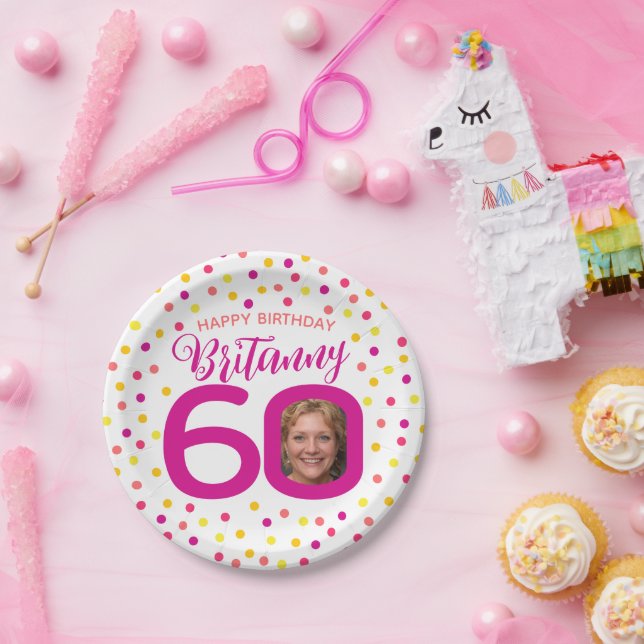 Prato De Papel 60º aniversário foto rosa ouro amarelo confetti (Festa)