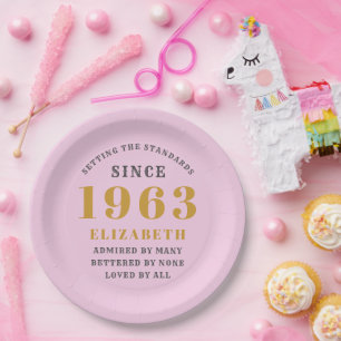 Prato De Papel 60º Aniversário Nascer 1963 Adicionar Cinza Rosa d