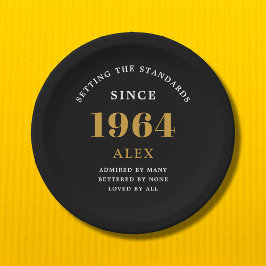 Prato De Papel 60º Aniversário Nome 1964 Chic Preto Dourado Elega