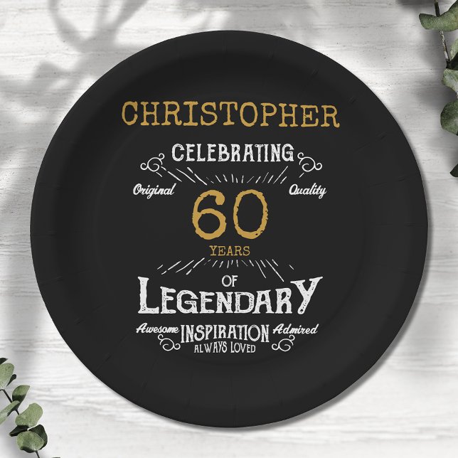 Prato De Papel 60.º Aniversário Legendário Retro Dourado Preto (For those celebrating their 60th birthday we have the ideal birthday party plates)