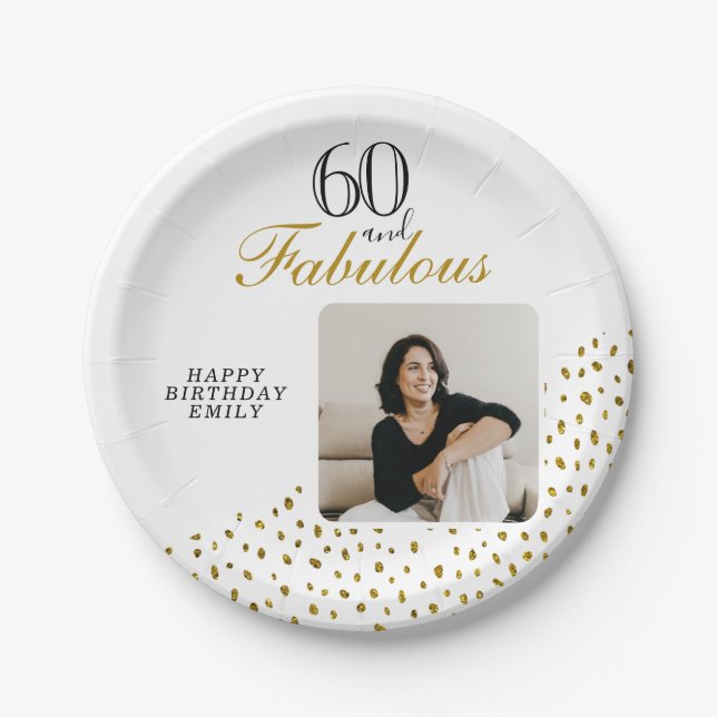 Prato De Papel 60 and Fabulous Gold Glitter Photo 60th Birthday (Frente)