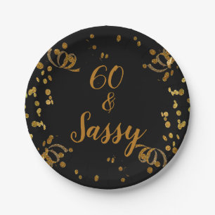 Prato De Papel 60 e Sassy Aniversário de 60 anos Preto Faux Dou