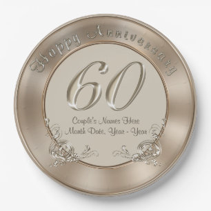 Prato De Papel 60th Placas do aniversário de casamento com NOMES