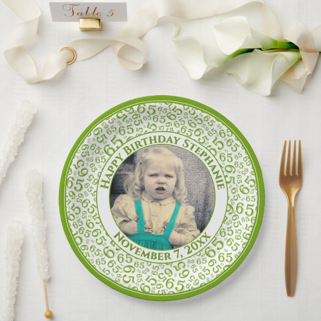 Prato De Papel 65 Your Photo Random Number Pattern Green/White (Casamento)