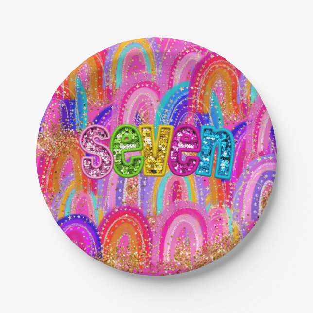 Prato De Papel 6 Birthday Rainbow Sequin (Frente)