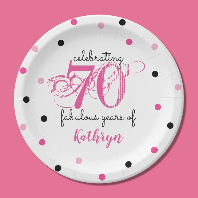 Prato De Papel 70 aniversário 70 fabulosos anos Pink Add Name (Depiction of Front of Paper Plate)