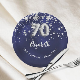 Prato De Papel 70 Aniversário marinho estrelas de prata azul