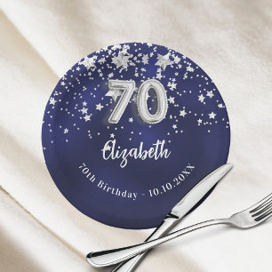 Prato De Papel 70 Aniversário marinho estrelas de prata azul