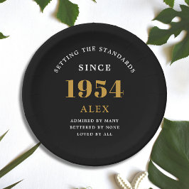 Prato De Papel 70 Aniversário Nome 1954 Chic Preto Dourado Elegan