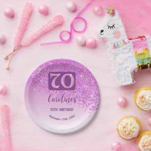 Prato De Papel 70 Birthday Chic Falling Pink Gliter