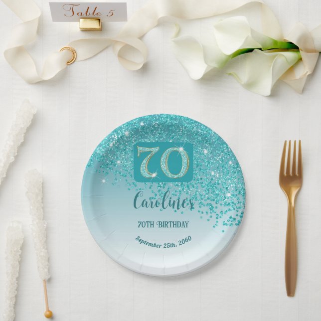 Prato De Papel 70 Birthday Chic Falling Teal Blue Glitter (Casamento)