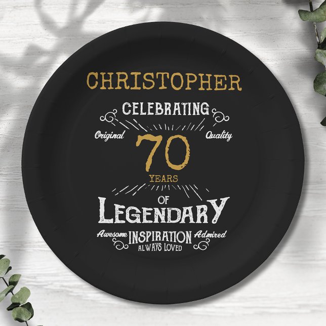 Prato De Papel 70 Birthday Legendday Black Dourado Retro (For those celebrating their 70th birthday we have the ideal birthday party plates)