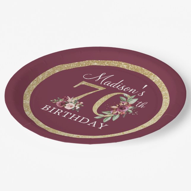 Prato De Papel 70 Birthday Personalizado Burgundy Dourado (Inclinado)
