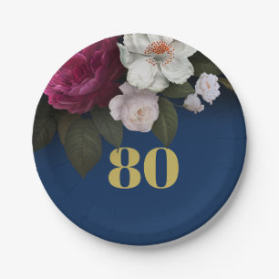 Prato De Papel 80 Aniversário Escuro Azul Elegante Azul Oitavo