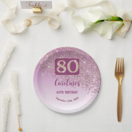 Prato De Papel 80 Birthday Chic Falling Rosa Dourada Glitter