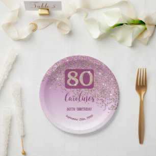 Prato De Papel 80 Birthday Chic Falling Rosa Dourada Glitter
