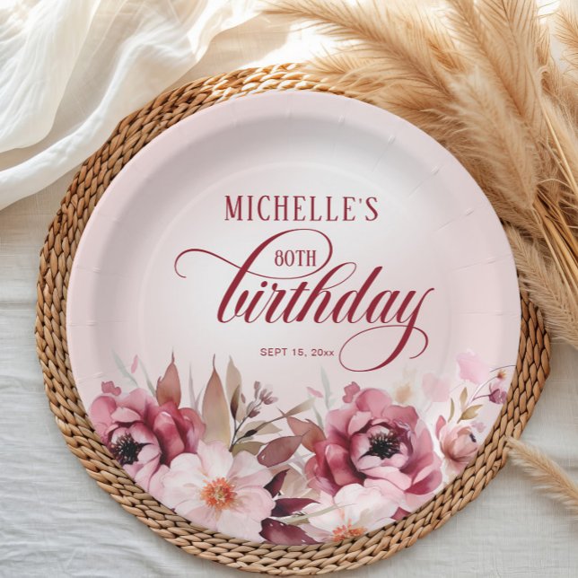 Prato De Papel 80 Floral cor-de-rosa Elegante (Elegant burgundy and pink watercolor floral birthday party paper plate)