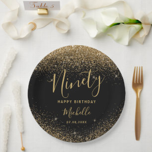 Prato De Papel 90 Birthday Black Glitter Sparkles Name
