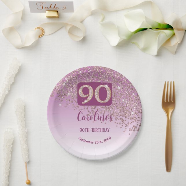 Prato De Papel 90 Birthday Chic Falling Rosa Dourada Glitter (Casamento)
