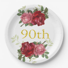 Prato De Papel 90 Birthday, Elegante, Rosas Red Vintage, Personal