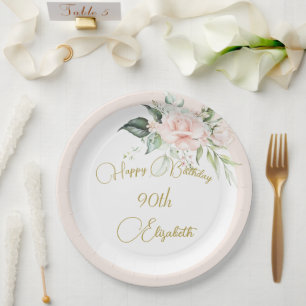 Prato De Papel 90 Birthday Watercolor Floral Elegante Rosa Rosa