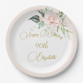 Prato De Papel 90 Birthday Watercolor Floral Elegante Rosa Rosa