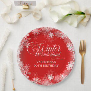 Prato De Papel 90 Birthday Winter Wonderland Snowflake Red