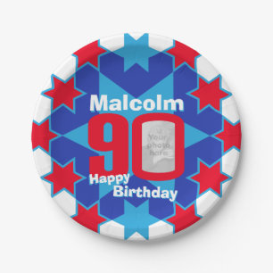 Prato De Papel 90 de aniversário foto nome azul estrela folha pap