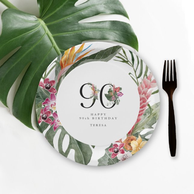 Prato De Papel 90th Birthday Simple Elegant Tropical Invitation (Criador carregado)