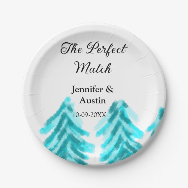 Prato De Papel A árvore de pinheiro azul de inverno casamento na (Frente)