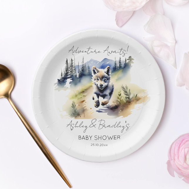 Prato De Papel A aventura temida Wolf aguarda chá de fraldas com  (Wolf themed adventure awaits baby shower tableware personalized paper plates watercolor wolf cub)