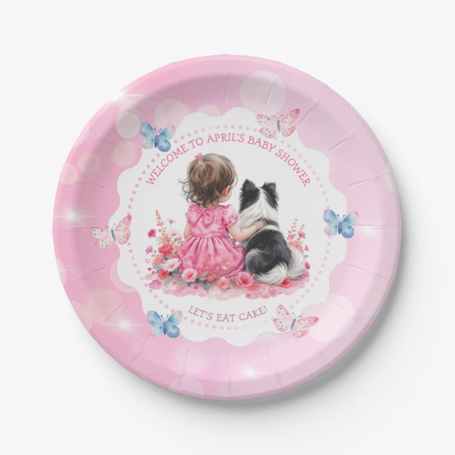 Prato De Papel A Baby Girl and her Dog Baby Shower Let's Eat Cake (Frente)