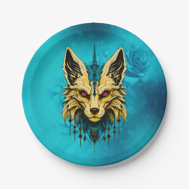 Prato De Papel A cabeça mística de raposa, nobre e misteriosa. (Frente)