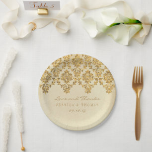 Prato De Papel A coleção Dourado Glam do casamento tema damasco