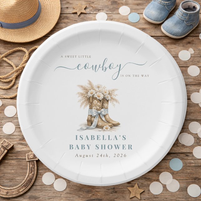 Prato De Papel A little Cowboy Western Boots Blue Coquette Bow  (Criador carregado)