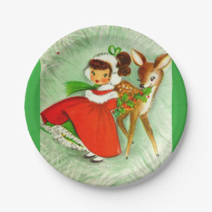 Prato De Papel A maioria de natal vintage bonito cervos & menina