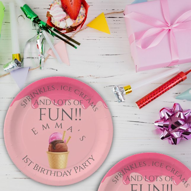 Prato De Papel A primeira Festa de aniversário da Sorvete rosa (Pink Ice Cream Themed Girl's First Birthday Party Paper Plates)
