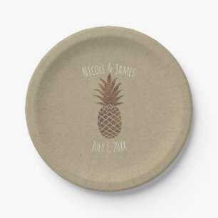 Prato De Papel Abacaxi Kraft Natural Tropical Bronze Dourado