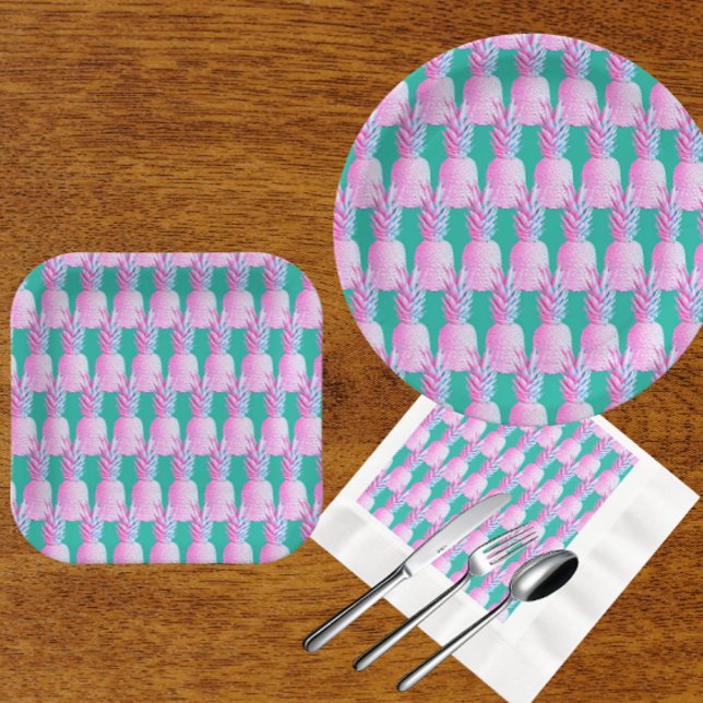 Prato De Papel Abacaxis Rosa Caribenho Azul   (Festive pink pineapples!)