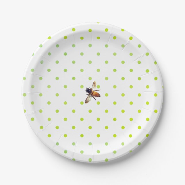 Prato De Papel Abelha Mel | padrão polka-dot branco-retrô (Frente)