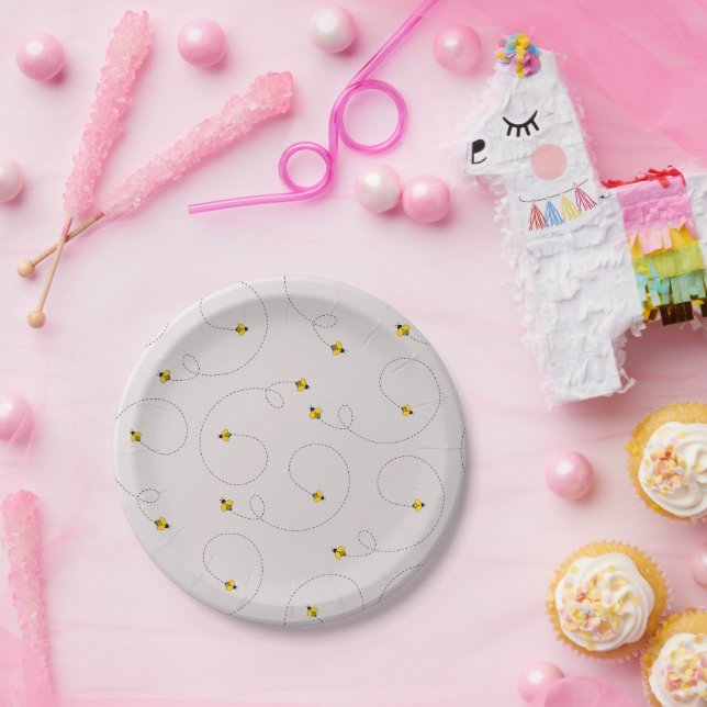 Prato De Papel Abelhas de mel, Chá de fraldas rosa (Festa)