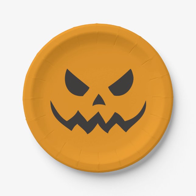 Prato De Papel Abóbora de Halloween com Rosto de Jack-o-lantern (Frente)