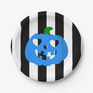 Prato De Papel abóbora de halloween coração azul listrada