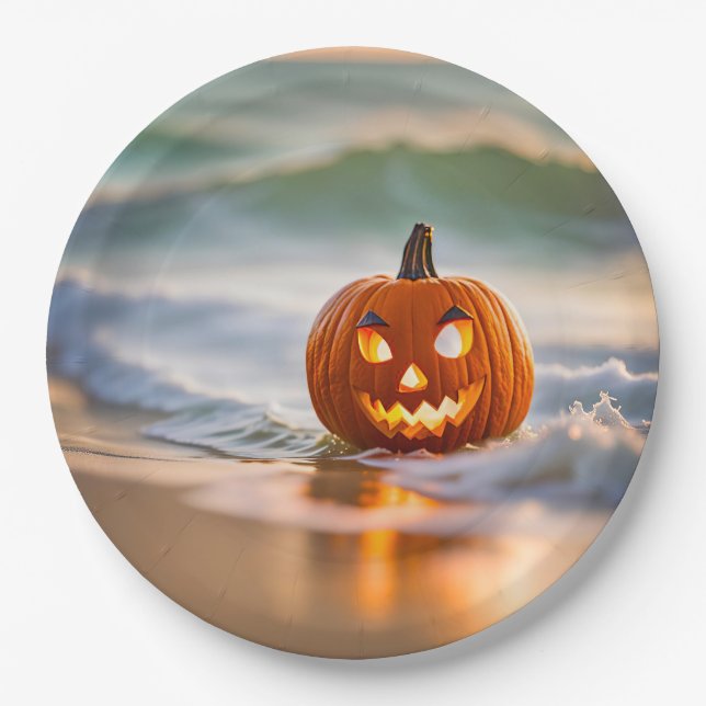 Prato De Papel Abóbora de Halloween na Praia (Frente)