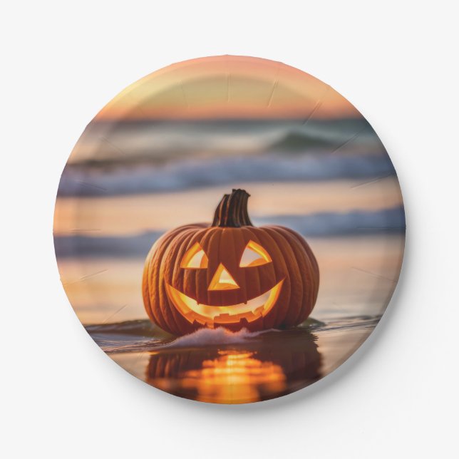 Prato De Papel Abóbora de Halloween na Praia (Frente)